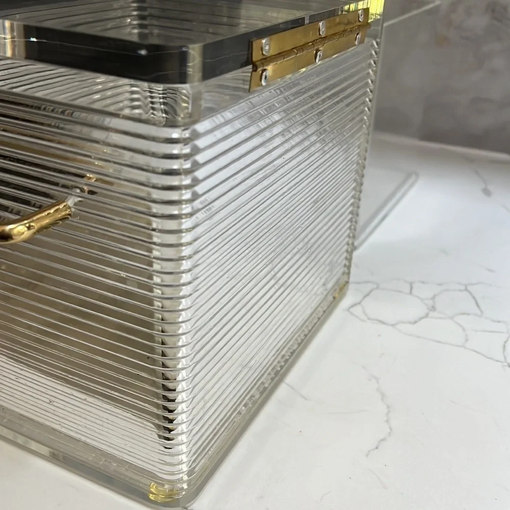 MCM Lucite Ribbed Rectangular 4.5L Ice Bucket Box Liner Goldtone Hardware
